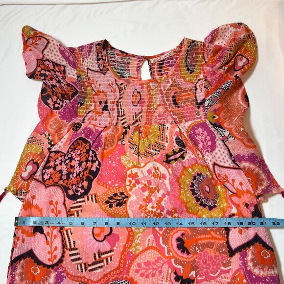 Banjanan Printed Mini Dress Flutter Sleeve Tassel Trim Floral Pink Red Large Boh - Picture 8 of 16